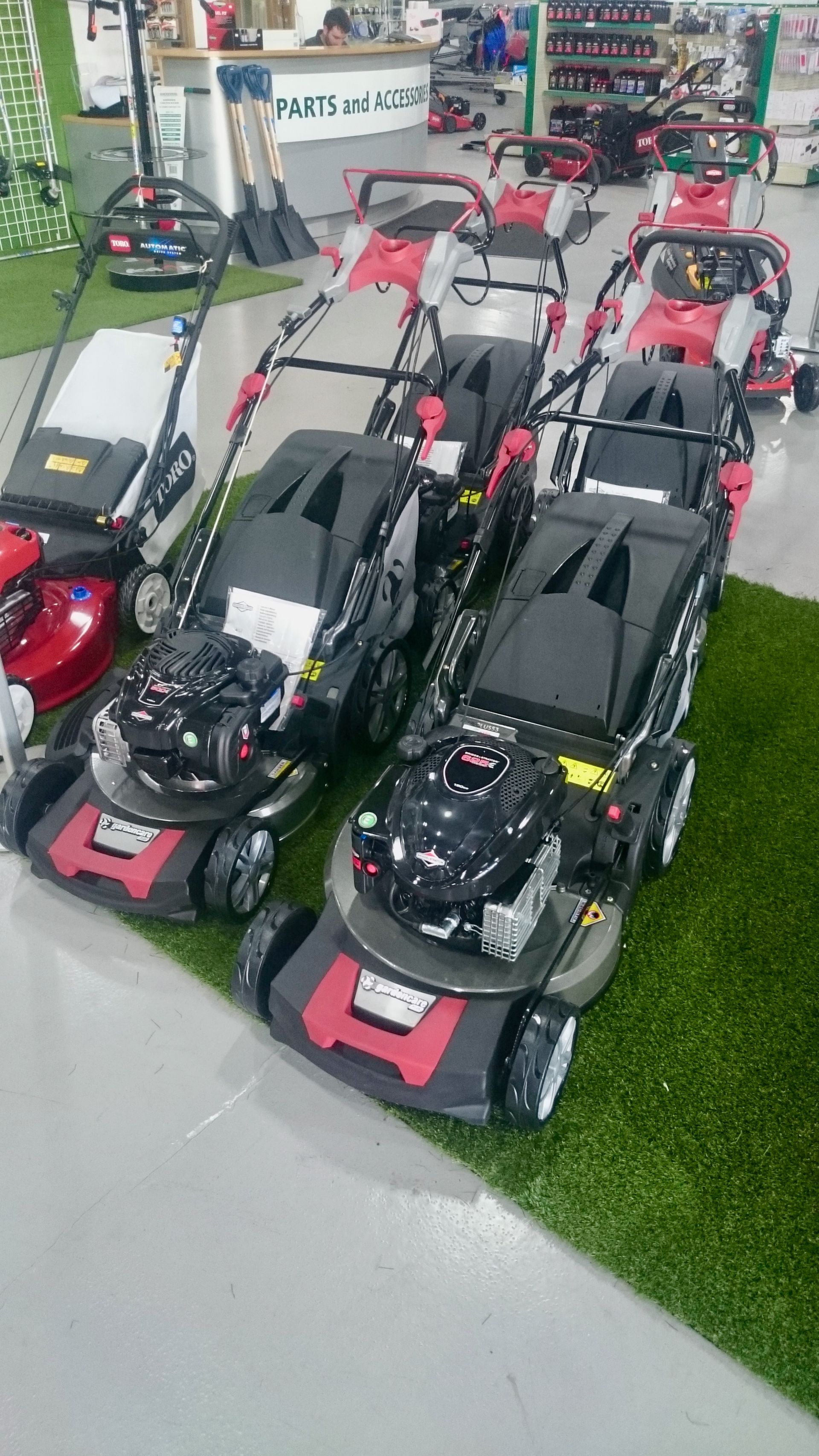 Photograph of lawnmowers for sale in the Cyril Johnston Retail Showroom, near Carryduff, Belfast, United Kingdom.