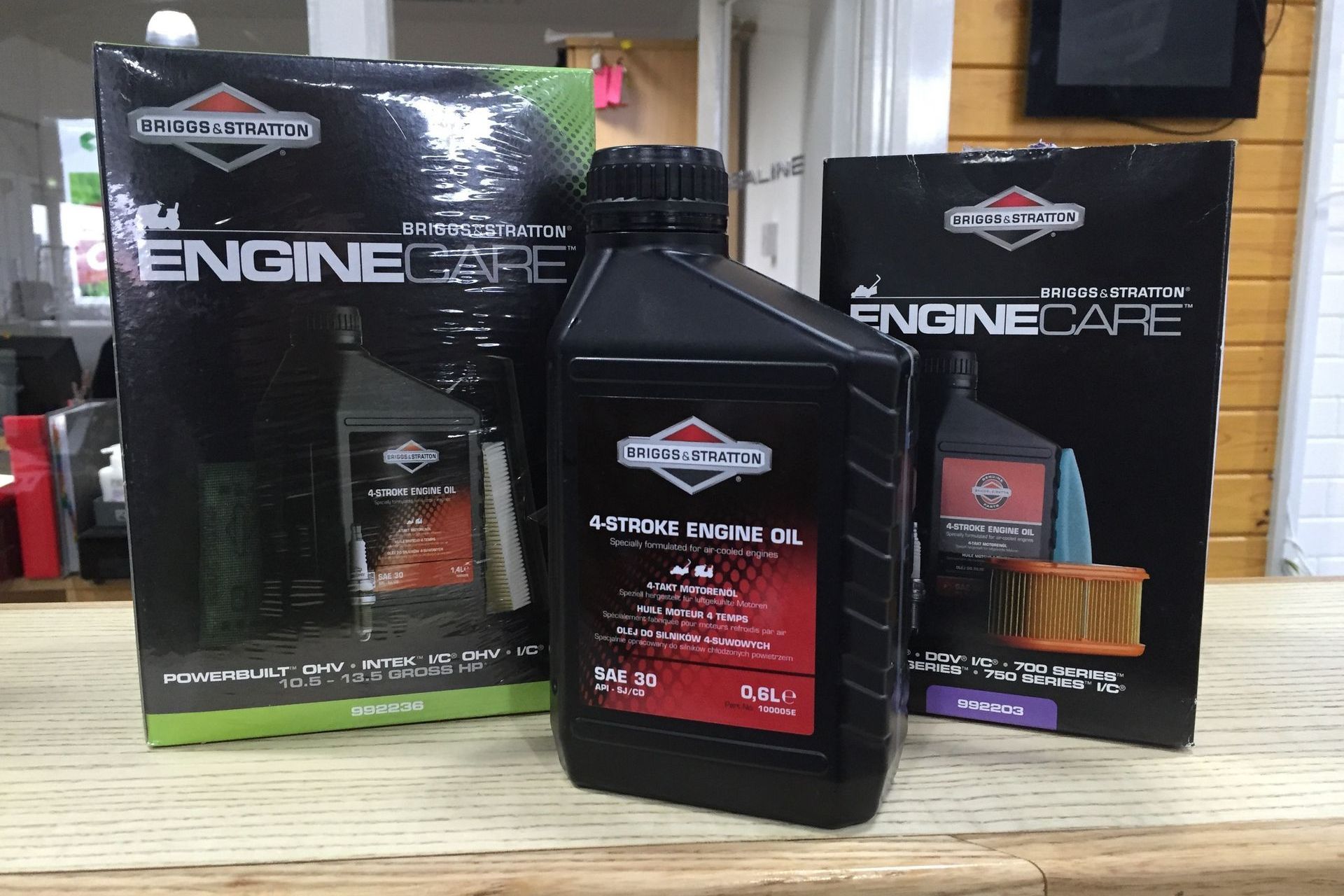 Photograph of Briggs & Stratton Engine Care Lawnmower Service Kits on sale at Cyril Johnston, Belfast, UK.