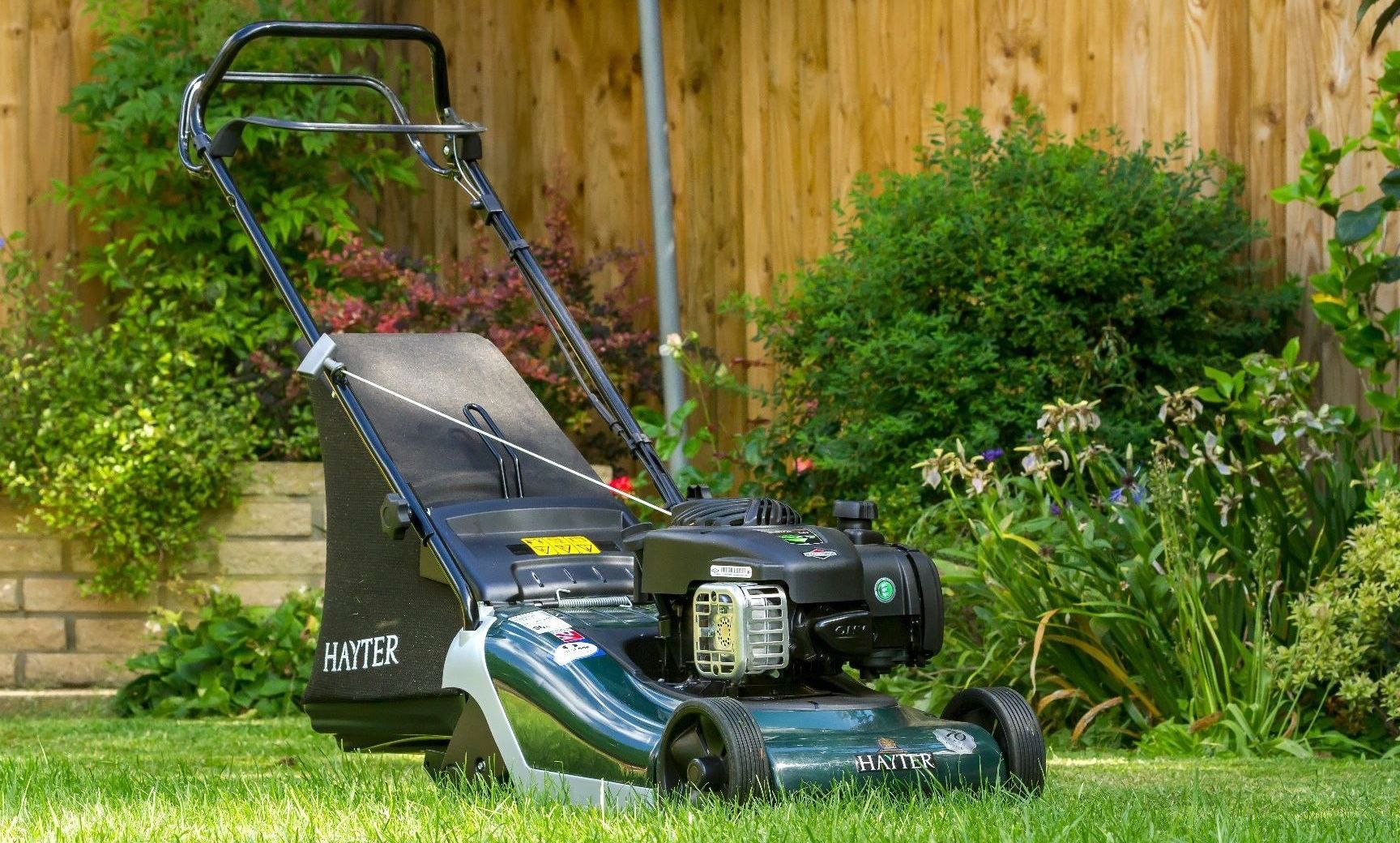 Photograph of a 41cm self-propelled, petrol engined, Hayter Spirit 41 roller mower.