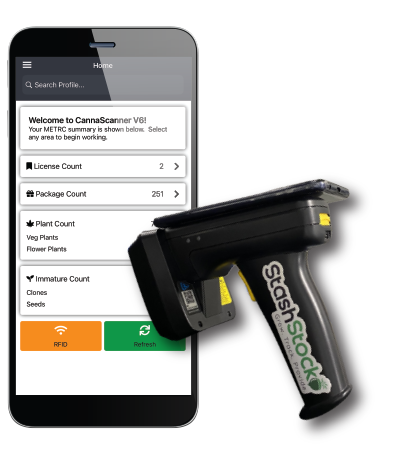 StashStock's CannaScanner solutions overview page image - METRC integrated handheld cannabis RFID scanner