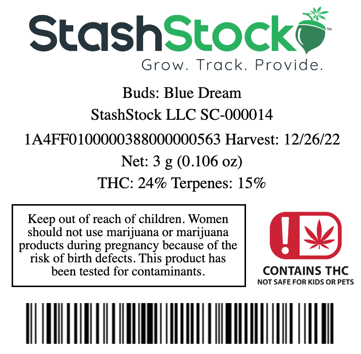 Sample cannabis label as made by StashStock's CannaLabel