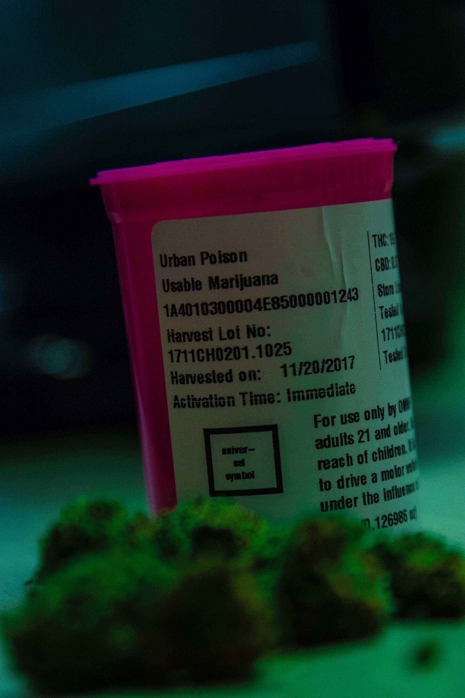 cannabis flower in front of a pink jar with an official recreational use cannabis label