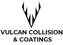 Black and white logo: geometric shape above text "VULCAN COLLISION & COATINGS".