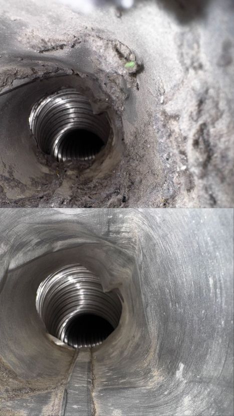 A before and after picture of a hole in a metal pipe.