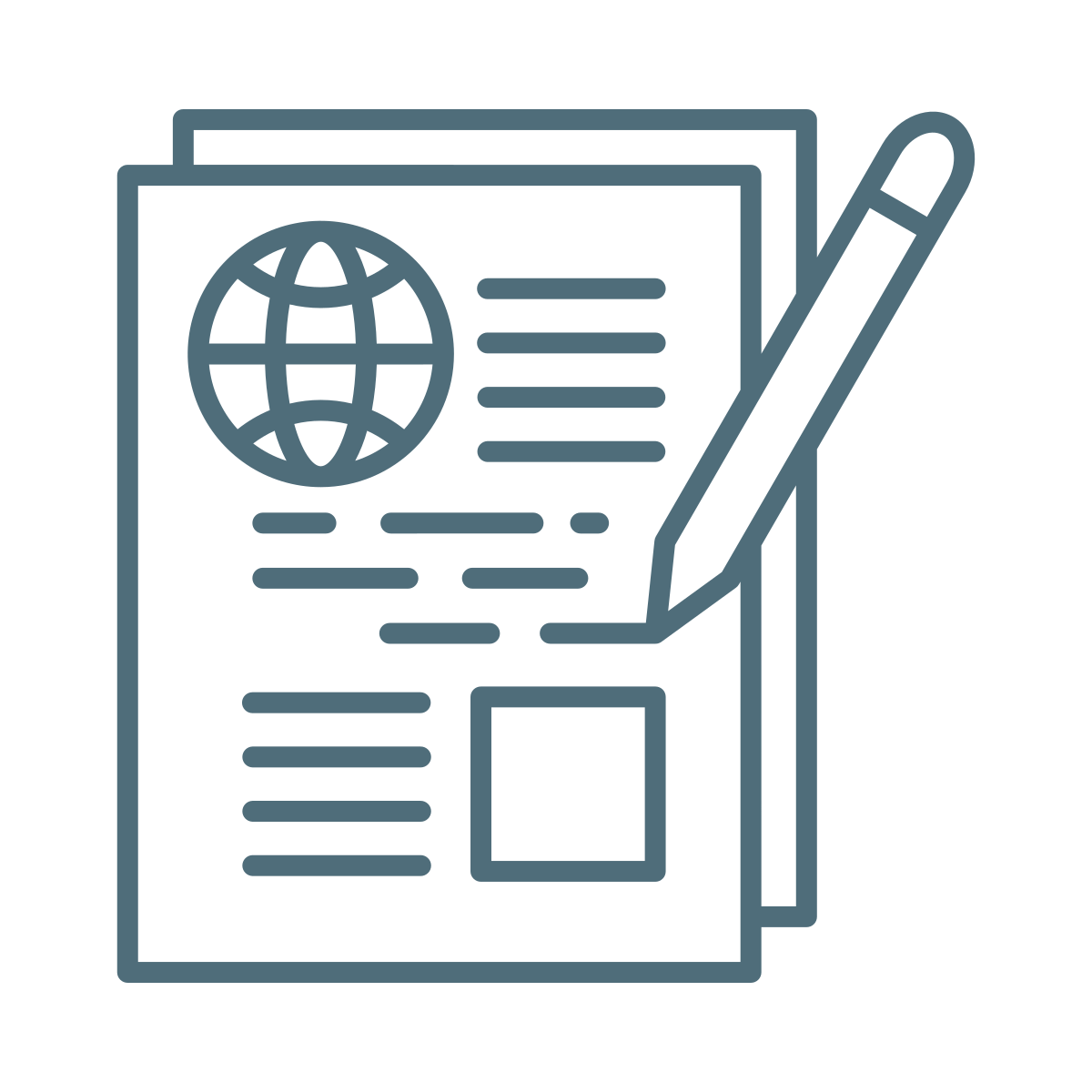 Documents with globe icon, being written on with a pen.