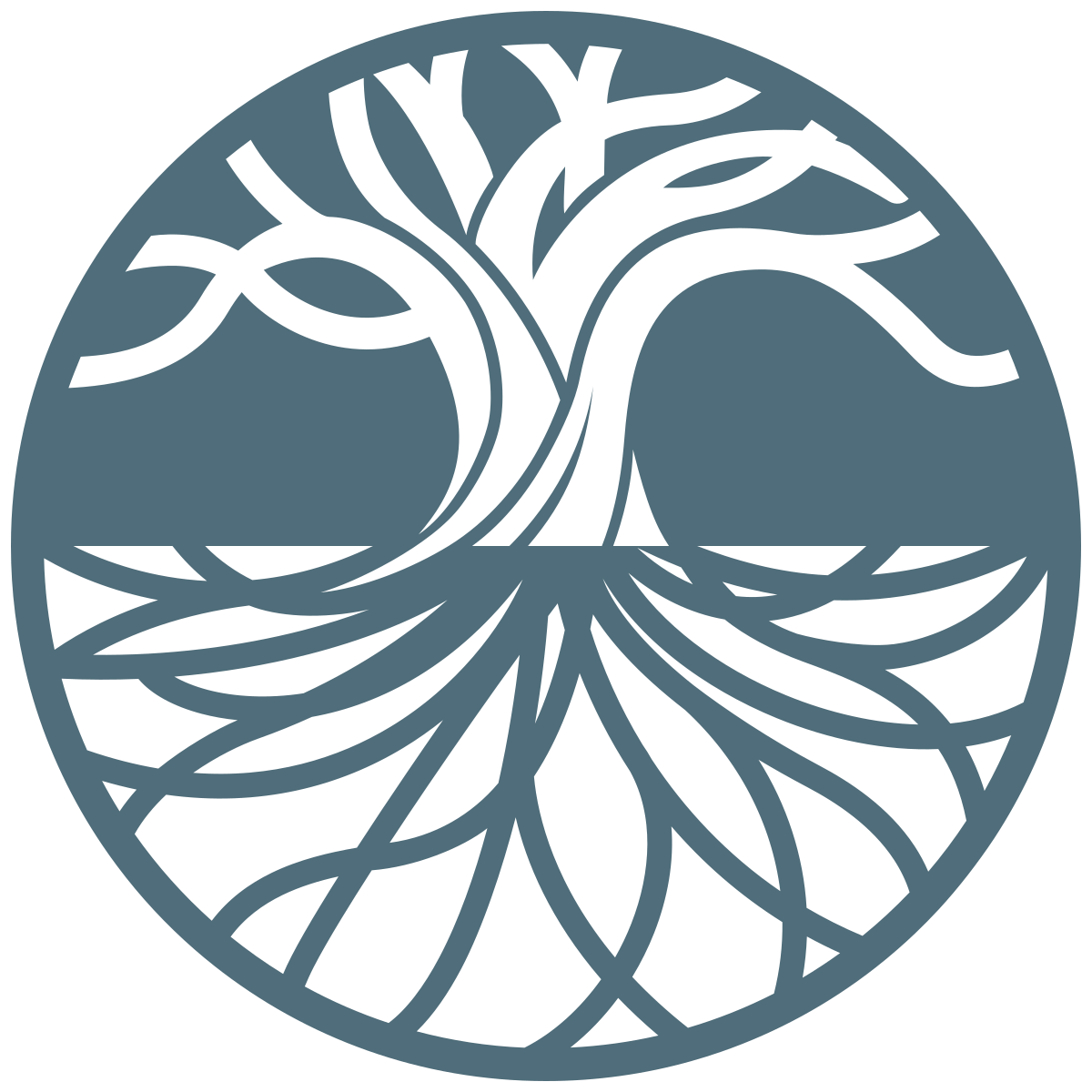 Stylized tree with roots and branches inside a blue-gray circle.