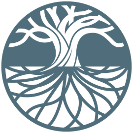Stylized tree with roots and branches inside a blue-gray circle.