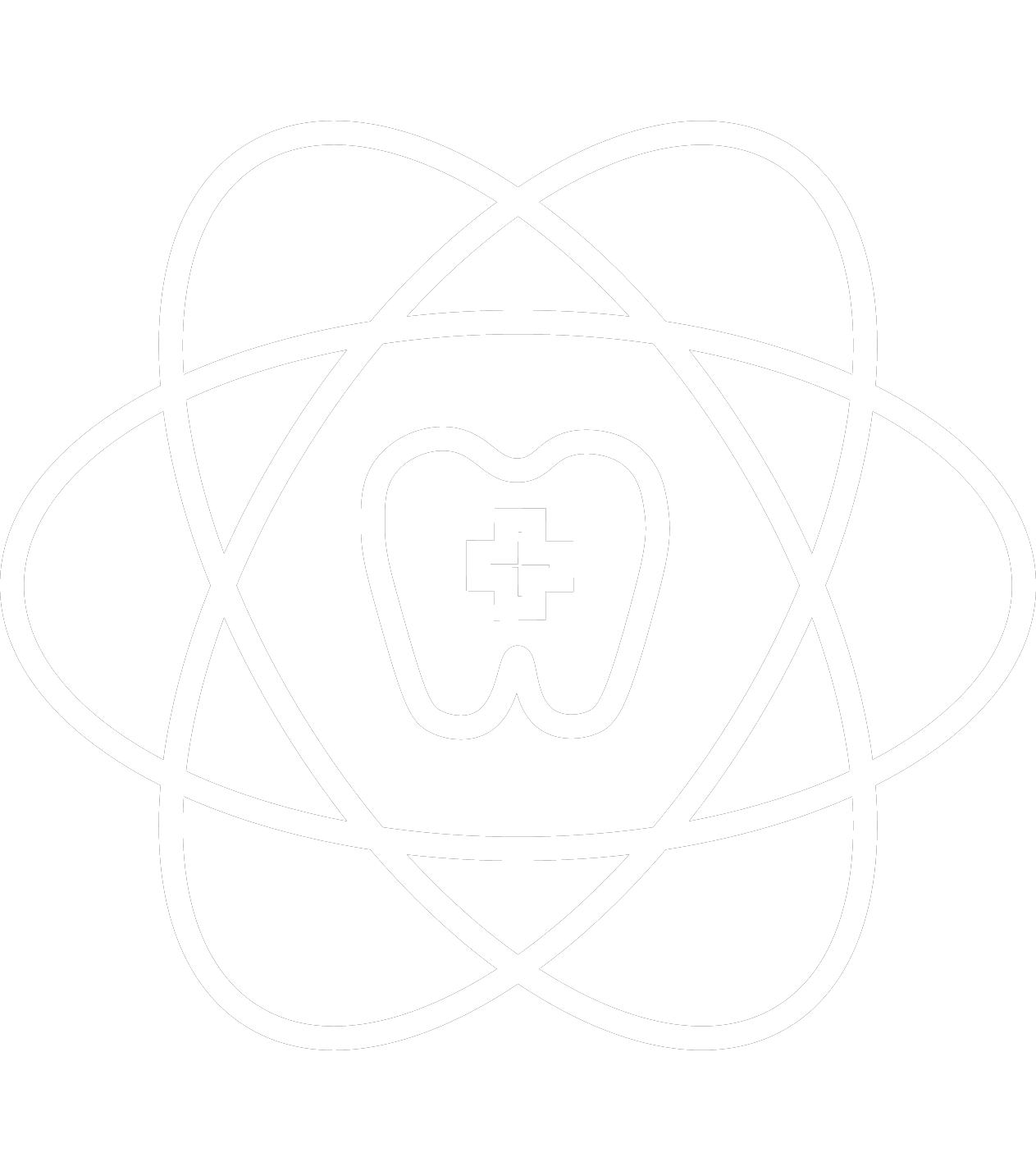 tooth with medical symbol surrounded by atomic symbol