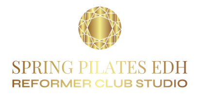 Gold Pilates studio logo with geometric emblem and text &ldquo;Spring Pilates EDH Reformer Club Studio&rdquo;