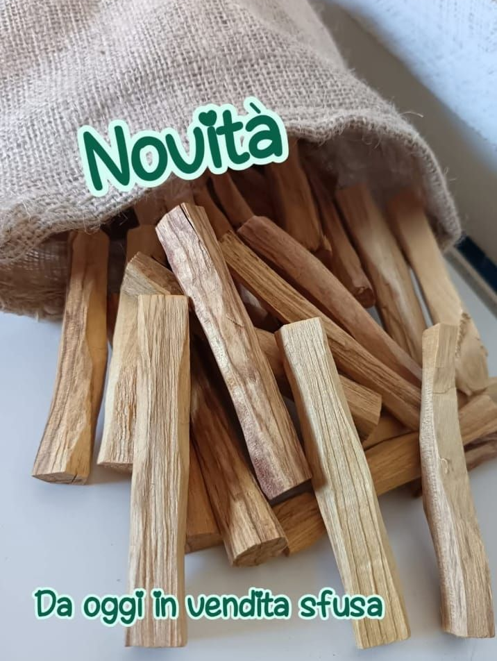 Palo Santo sticks spilling from a burlap bag. Text: