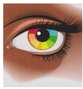 A close up of a woman 's eye with a rainbow colored pupil