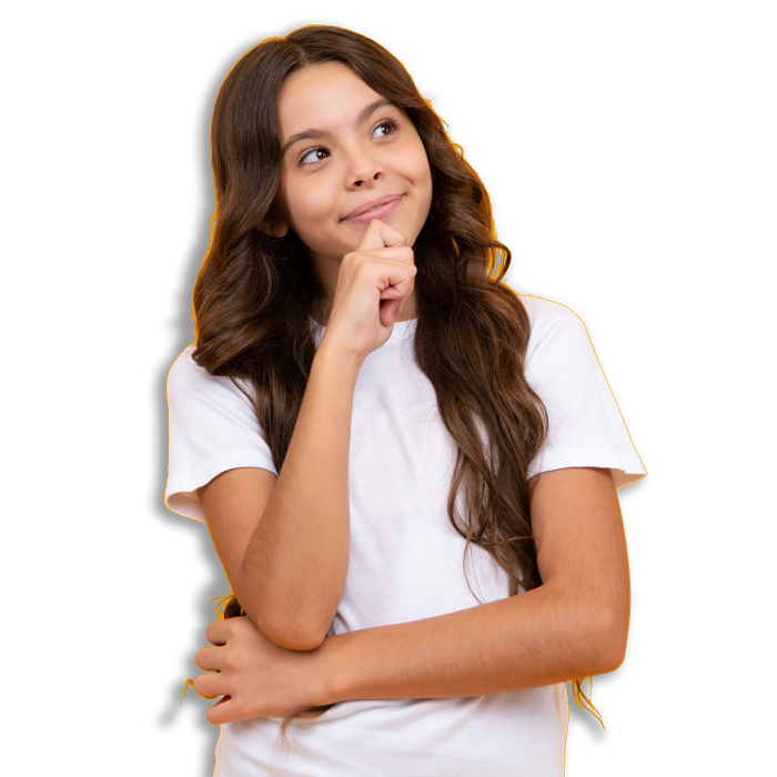 A young girl with long hair is thinking and smiling.