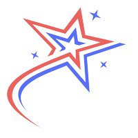 A red , white and blue star with a swirl around it