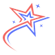 A red , white and blue star with a swirl around it