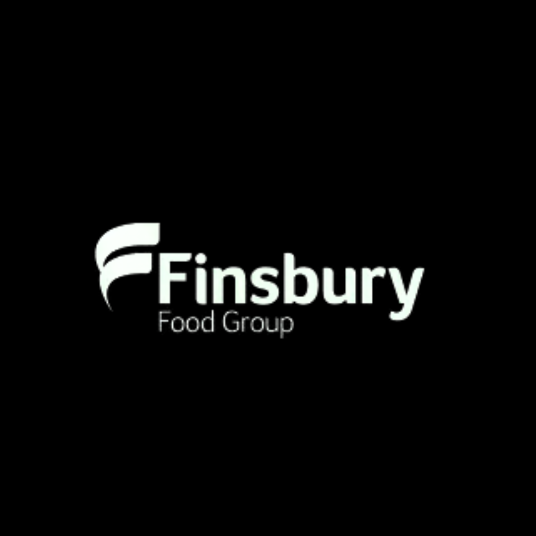 The finsbury food group logo is on a black background.