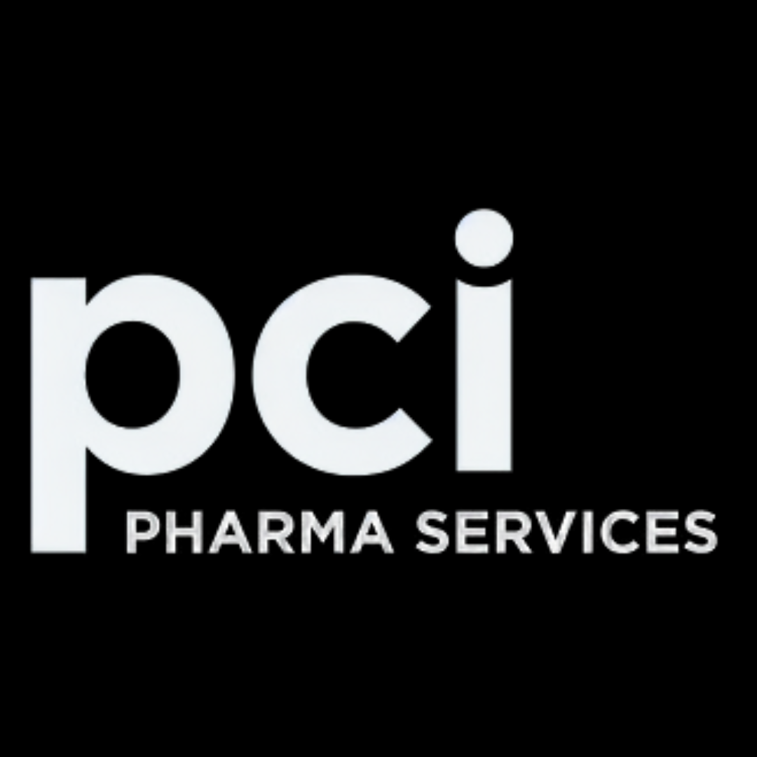 The pci pharma services logo is white on a black background.