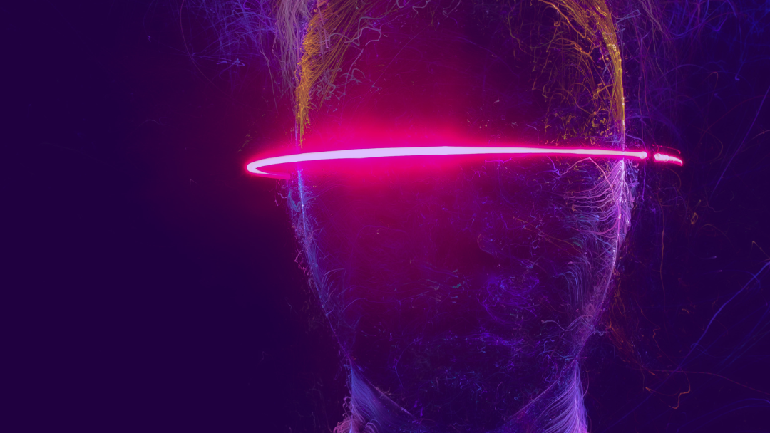 A close up of a person 's face with neon lights coming out of their eyes.