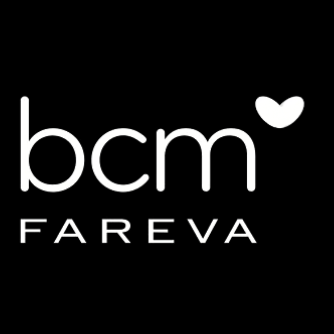 The logo for bcm fareva is white on a black background