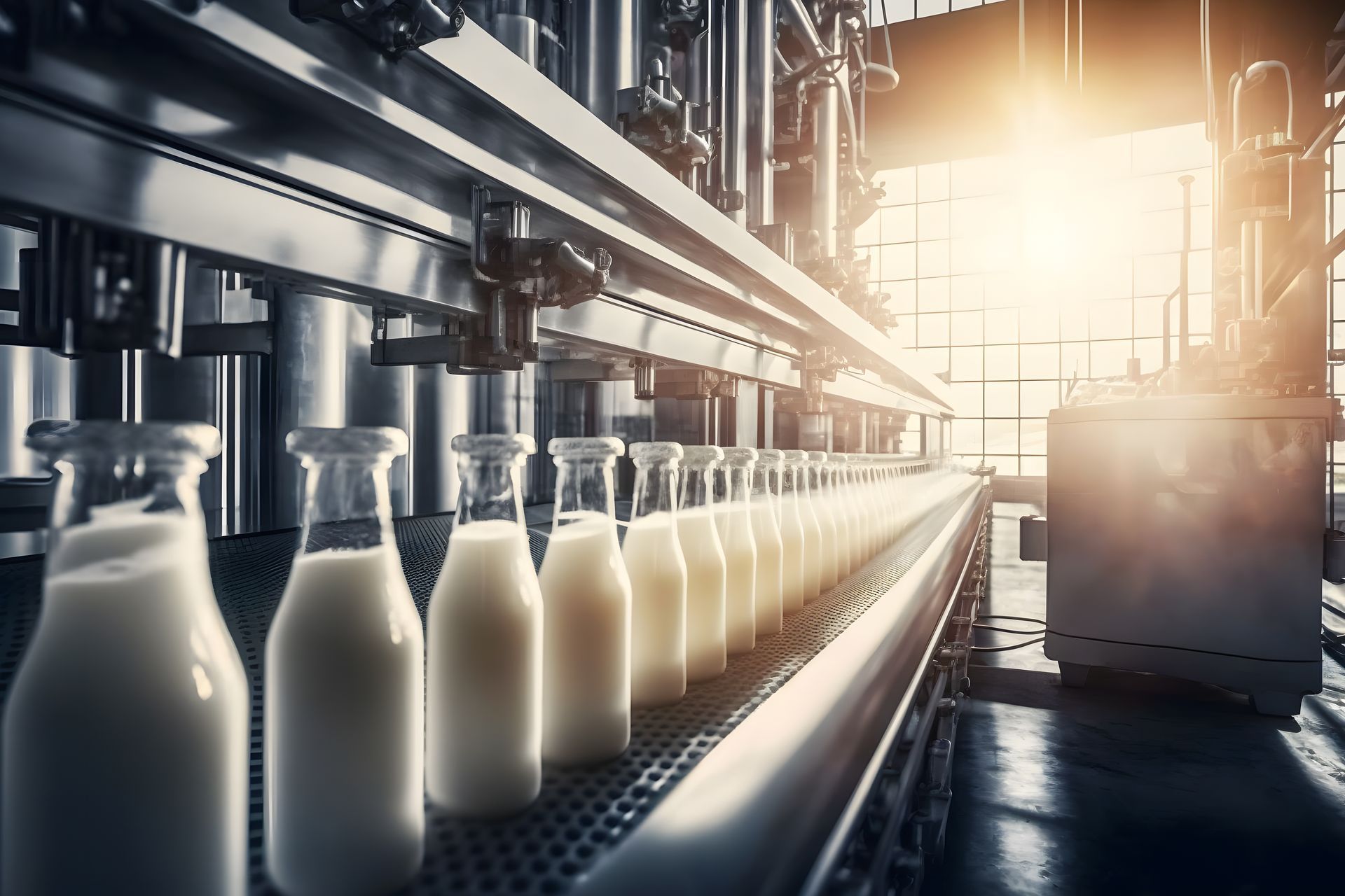 A conveyor belt filled with bottles of milk in a factory.