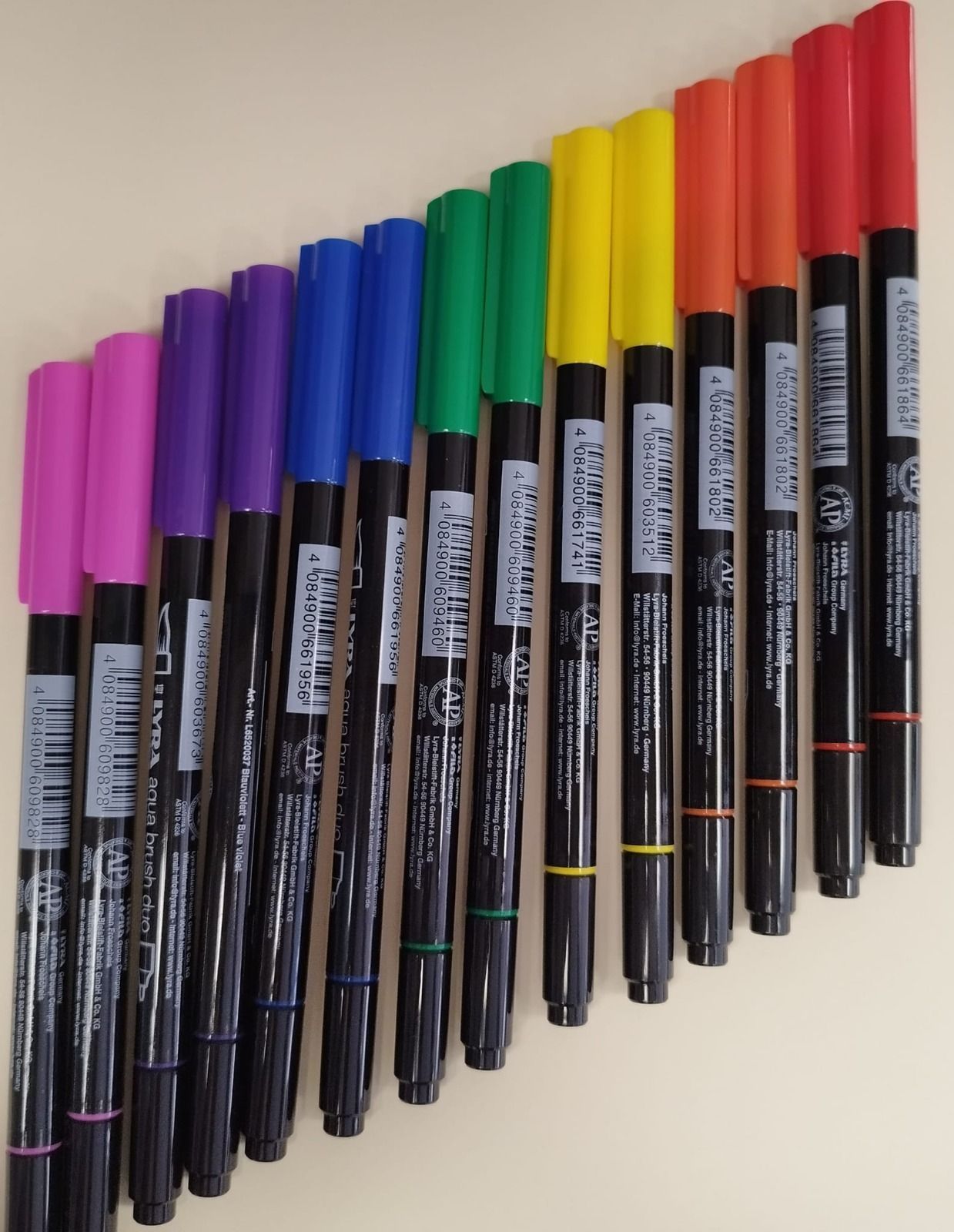 un arcobaleno di penne colorate sono disposte in fila