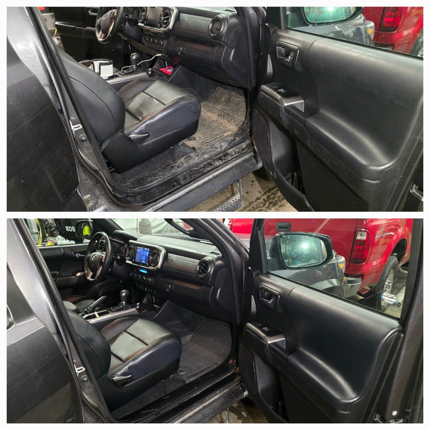 Black Toyota truck interior, before and after cleaning, showing seats, dashboard, and door panels.