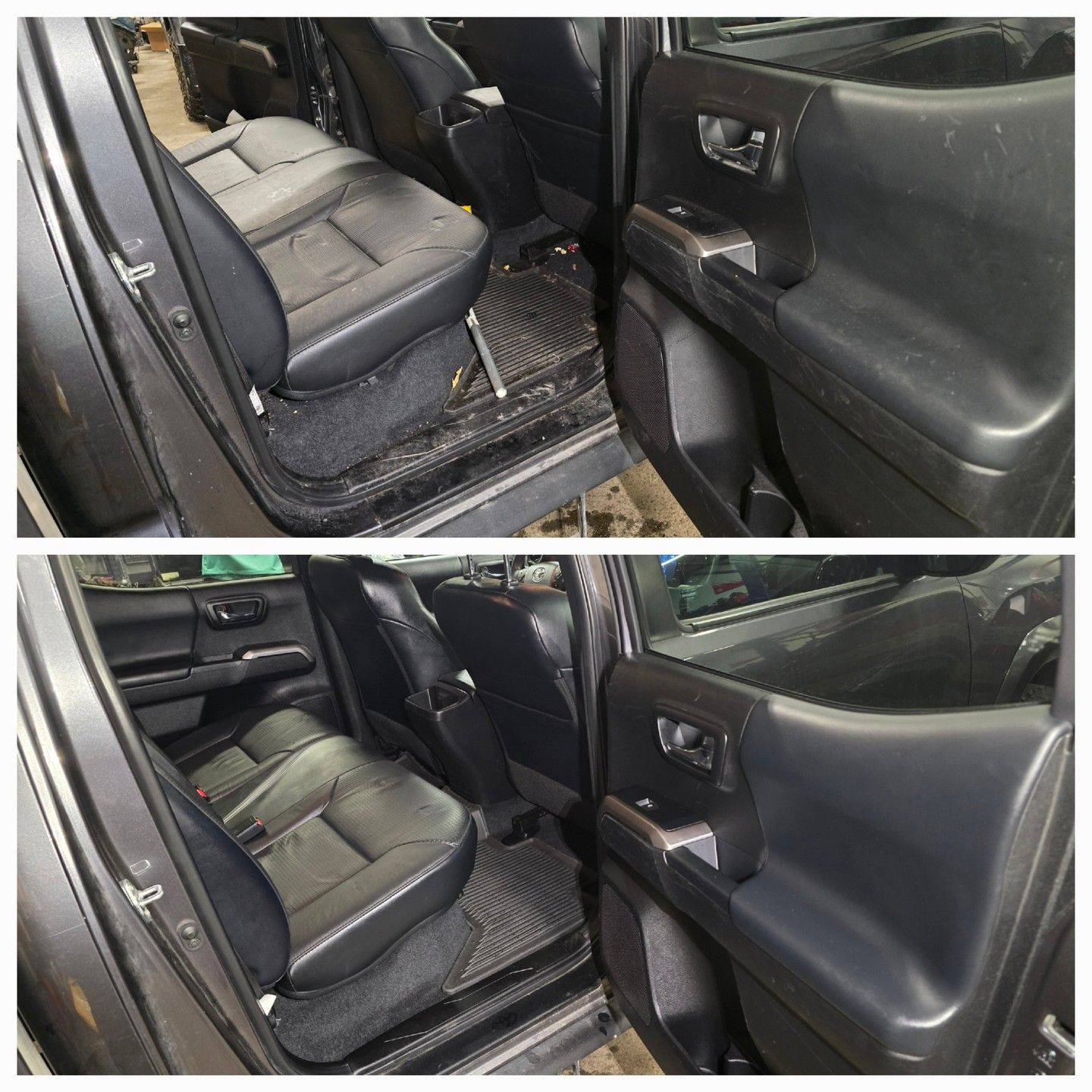 Before and after of a car interior cleaning, showing dirty and cleaned seats, door, and floor.
