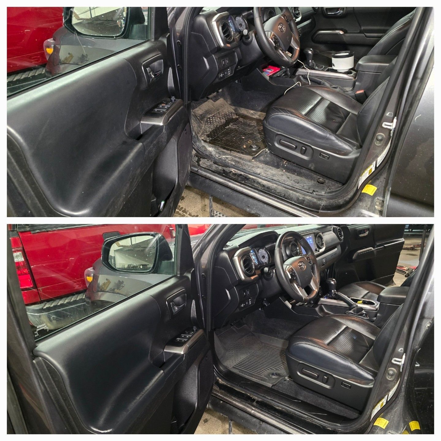 Before and after interior car cleaning showing a black Toyota Tacoma's seats and door panels.