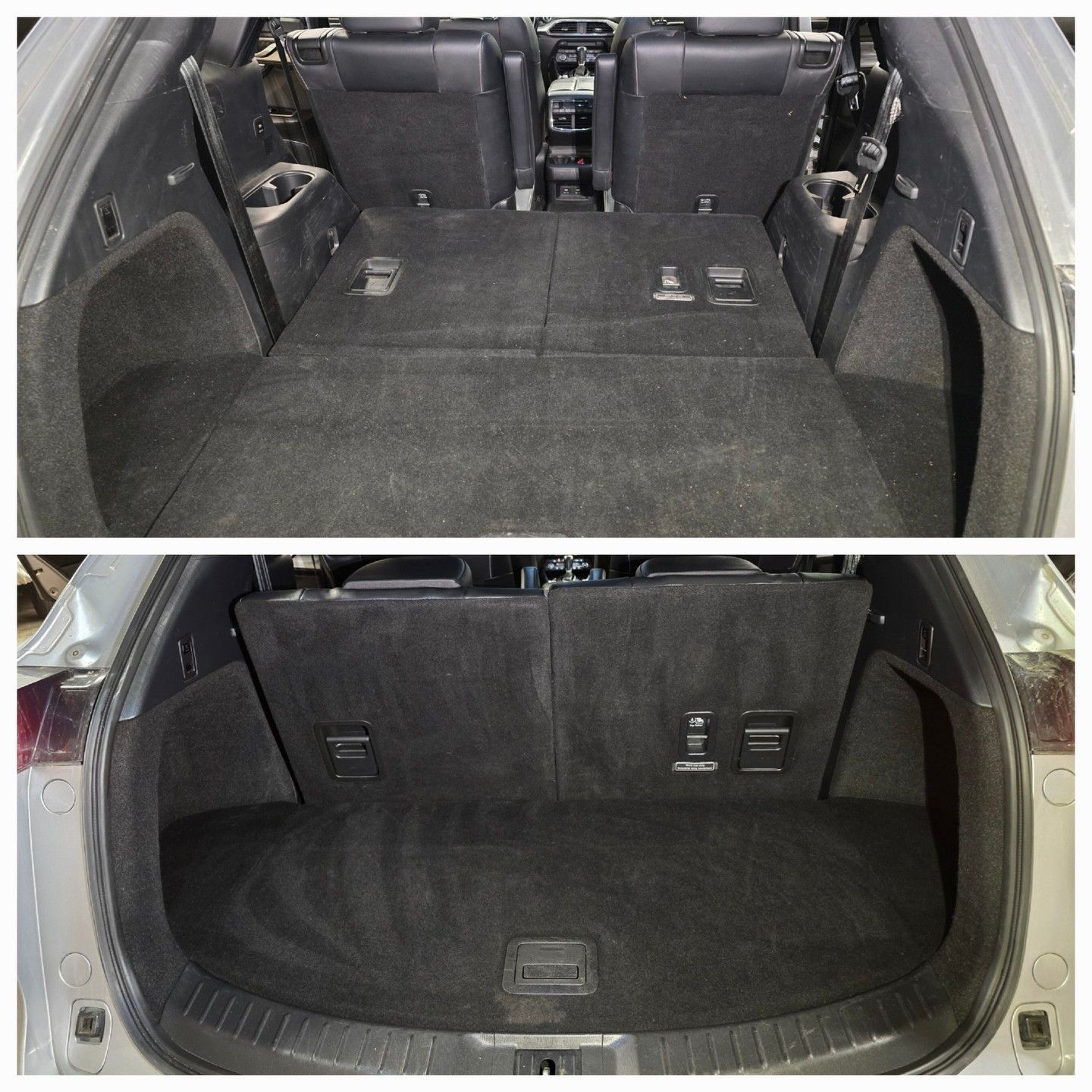 Two views of a car's cargo area. Top: Seats folded, exposing interior. Bottom: Cargo area cleared and tidy.
