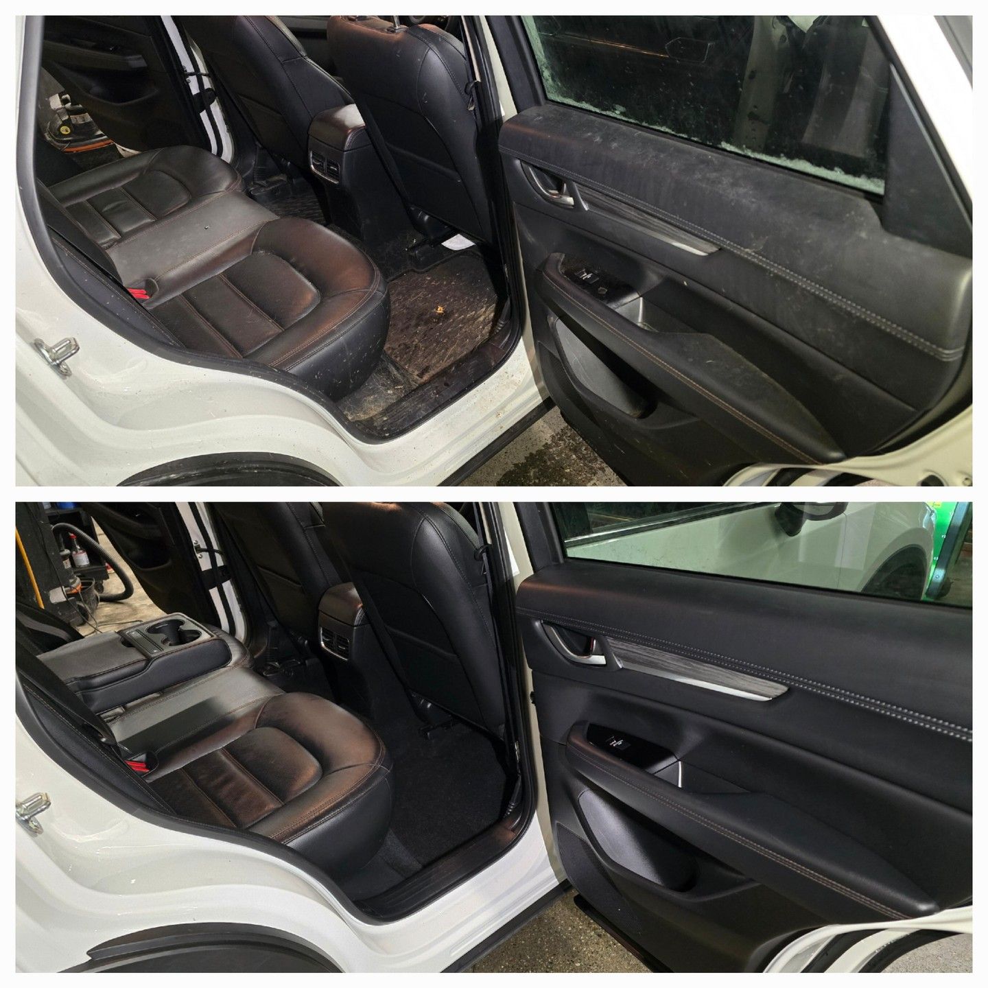 Before and after interior car cleaning showing dirty seats and door panel transforming to clean.