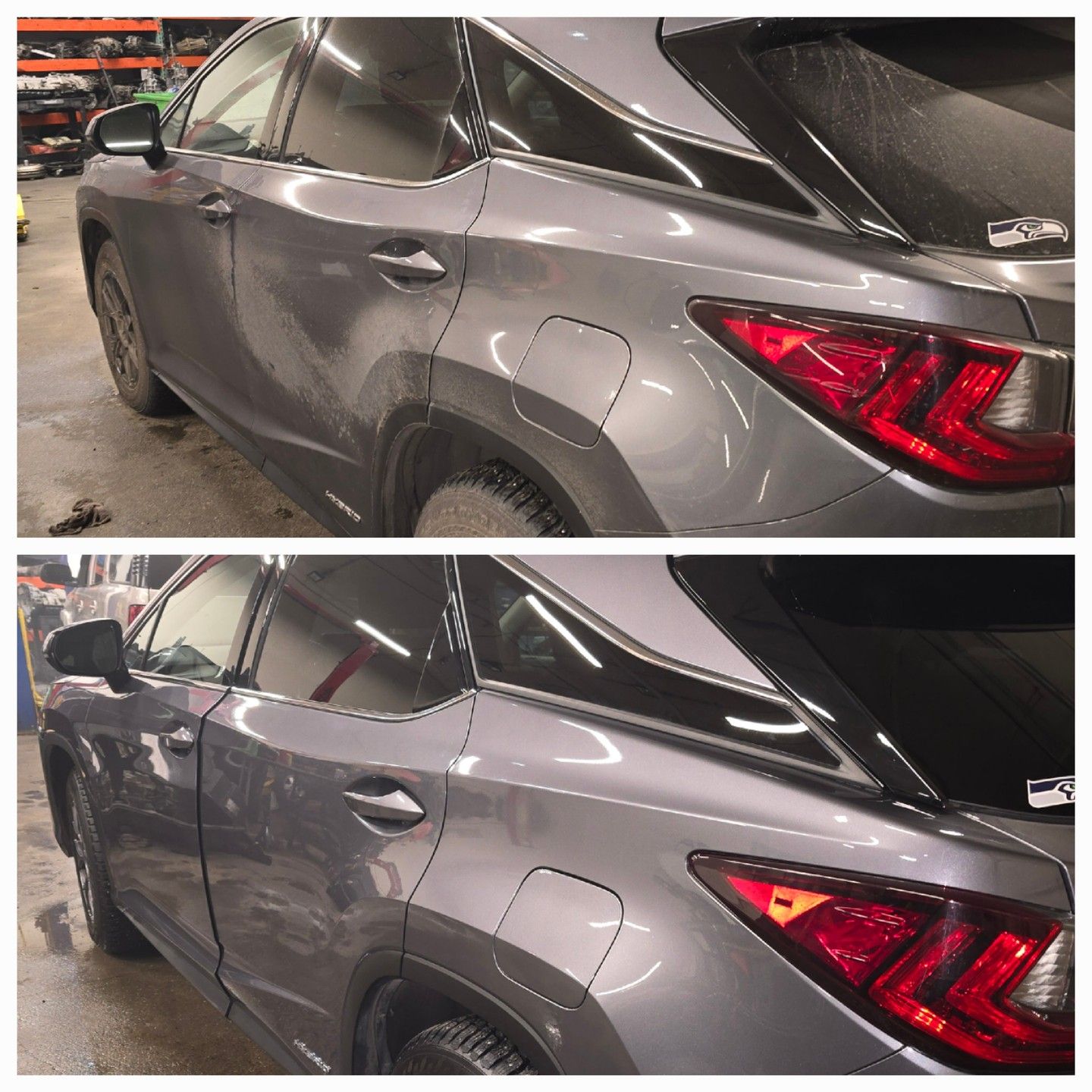Two images: a gray Lexus SUV, before and after cleaning.
