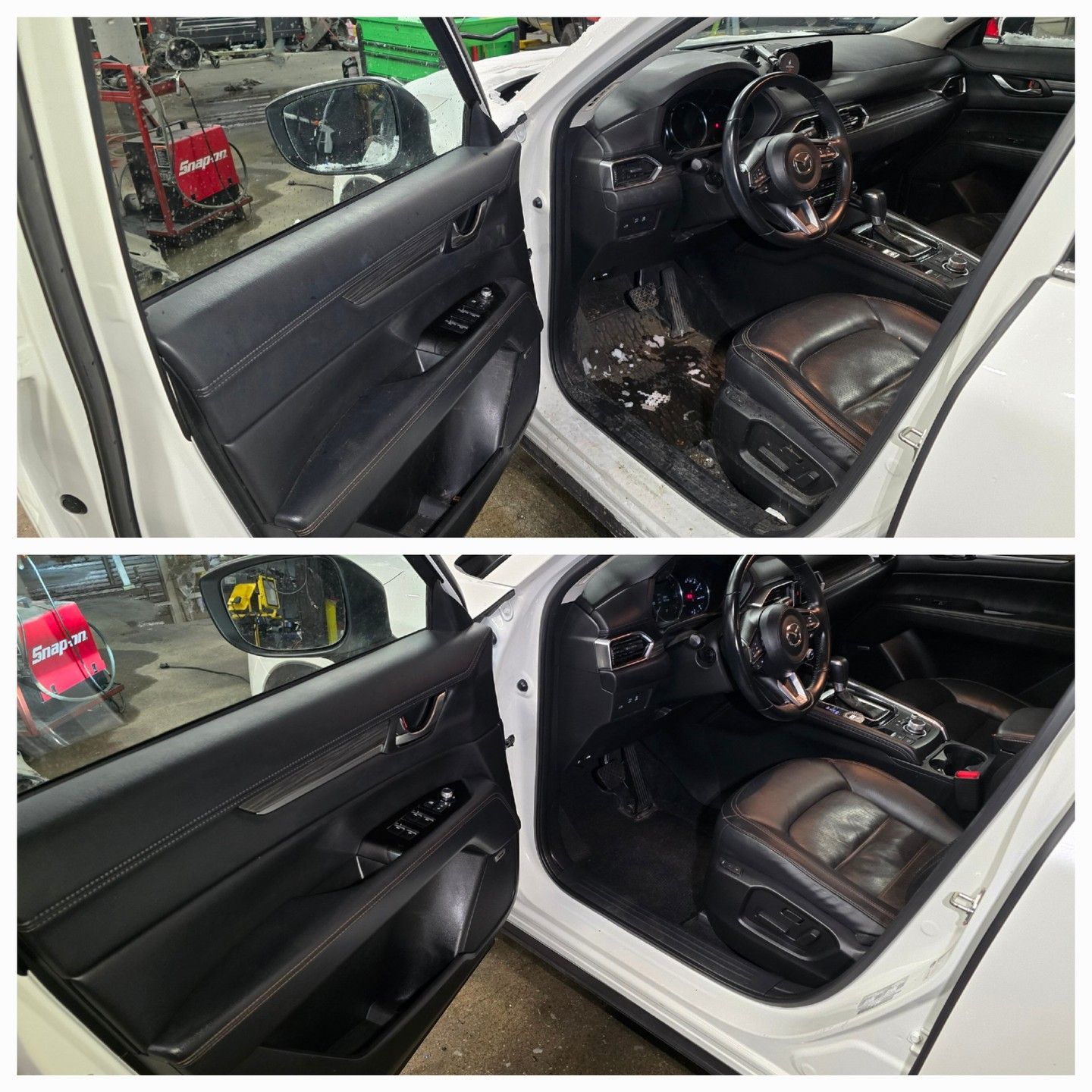 Comparison: Car interior before and after cleaning. Black leather seats, white car.