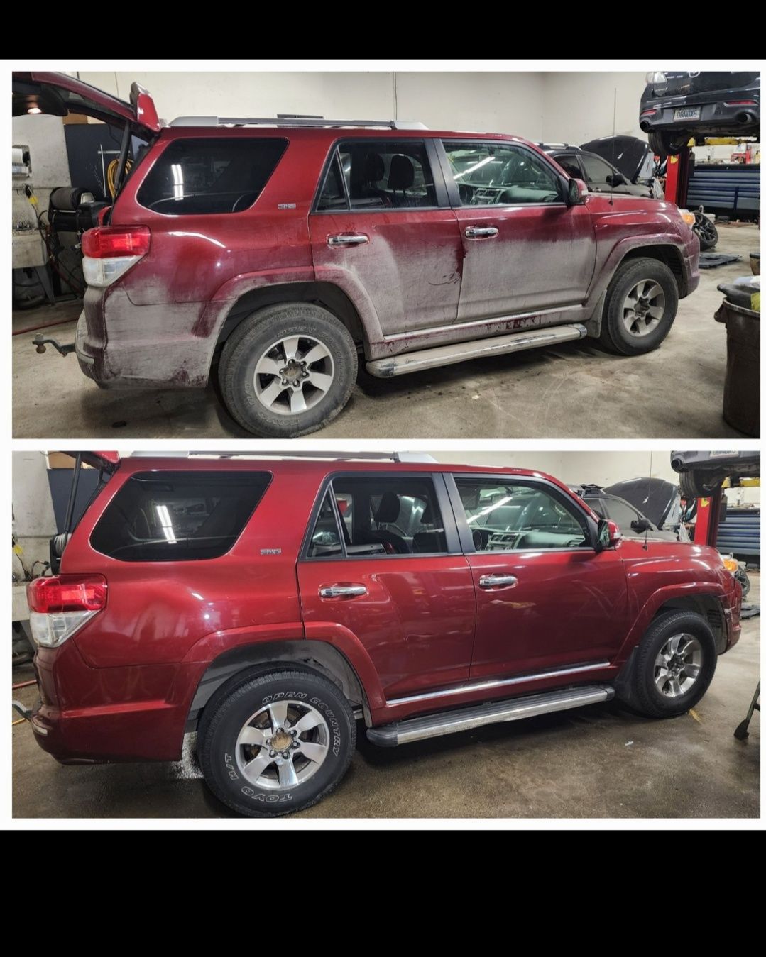 Before and after photo of a red SUV, covered in dust, then clean. In a garage.