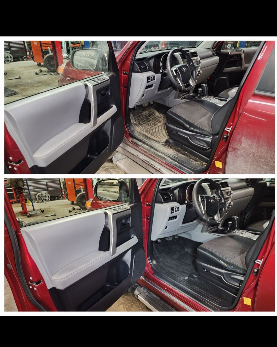 Two views of a red car interior with gray door panels and black seats, open doors revealing workspace.