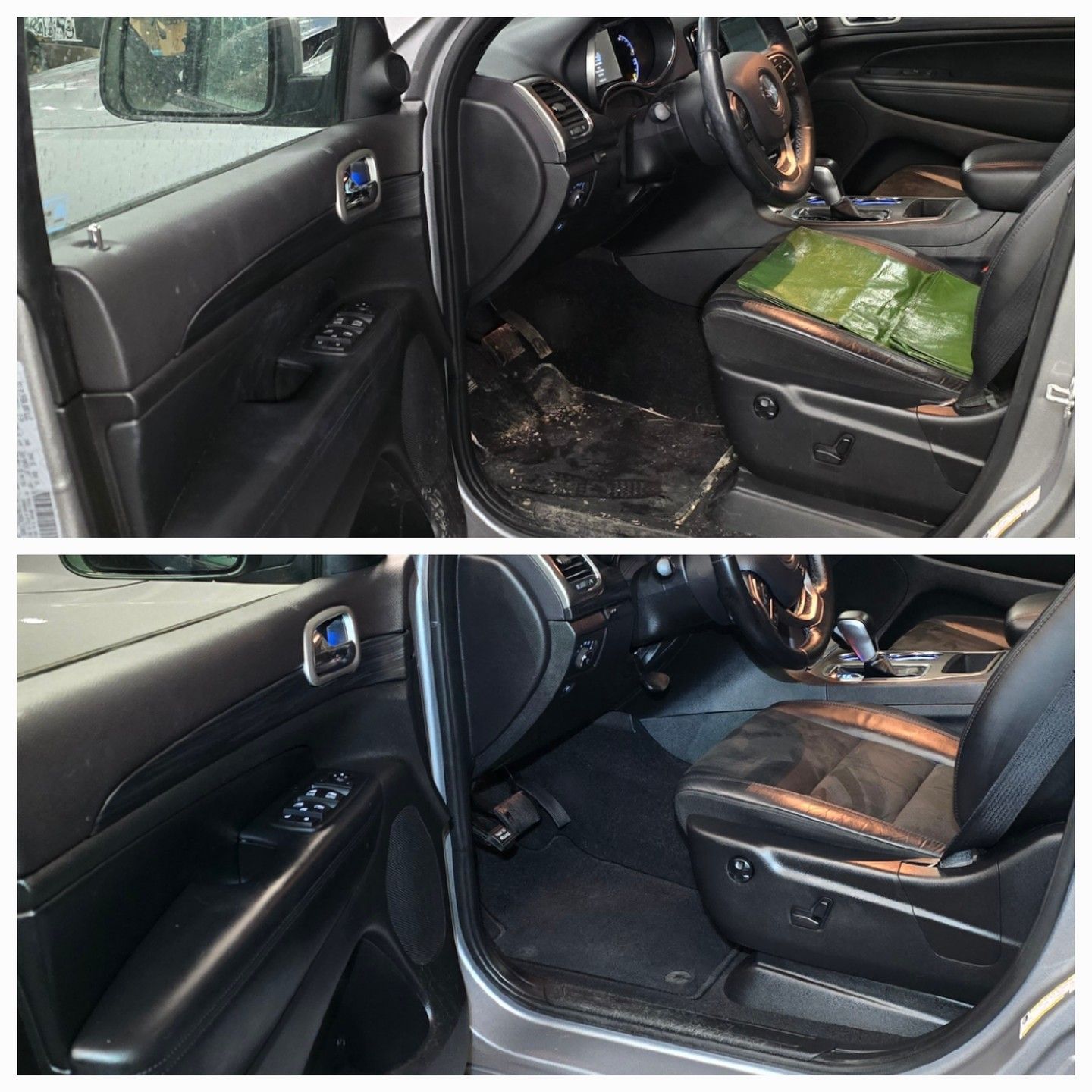Two-panel interior car comparison: dirty, protected front seat, door panels, and floor vs. clean, black car interior.