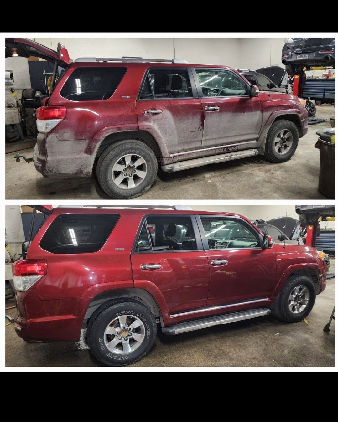 A red SUV covered in dirt before and clean after being washed in a garage setting.