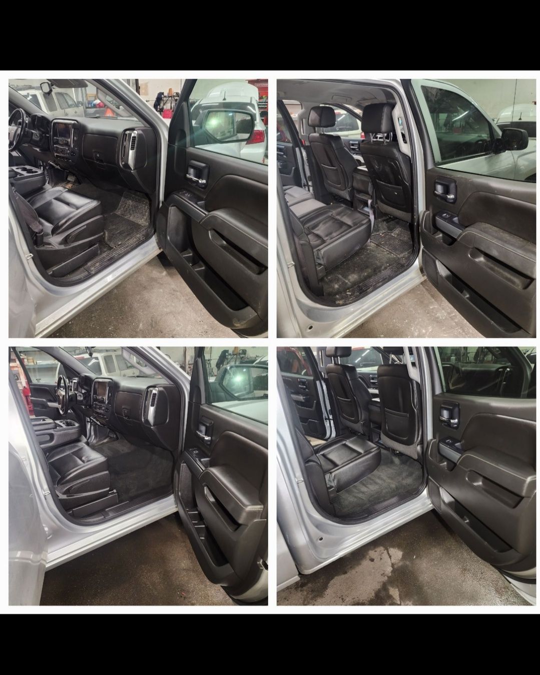 Four views inside a silver truck showing black leather seats and the open doors.
