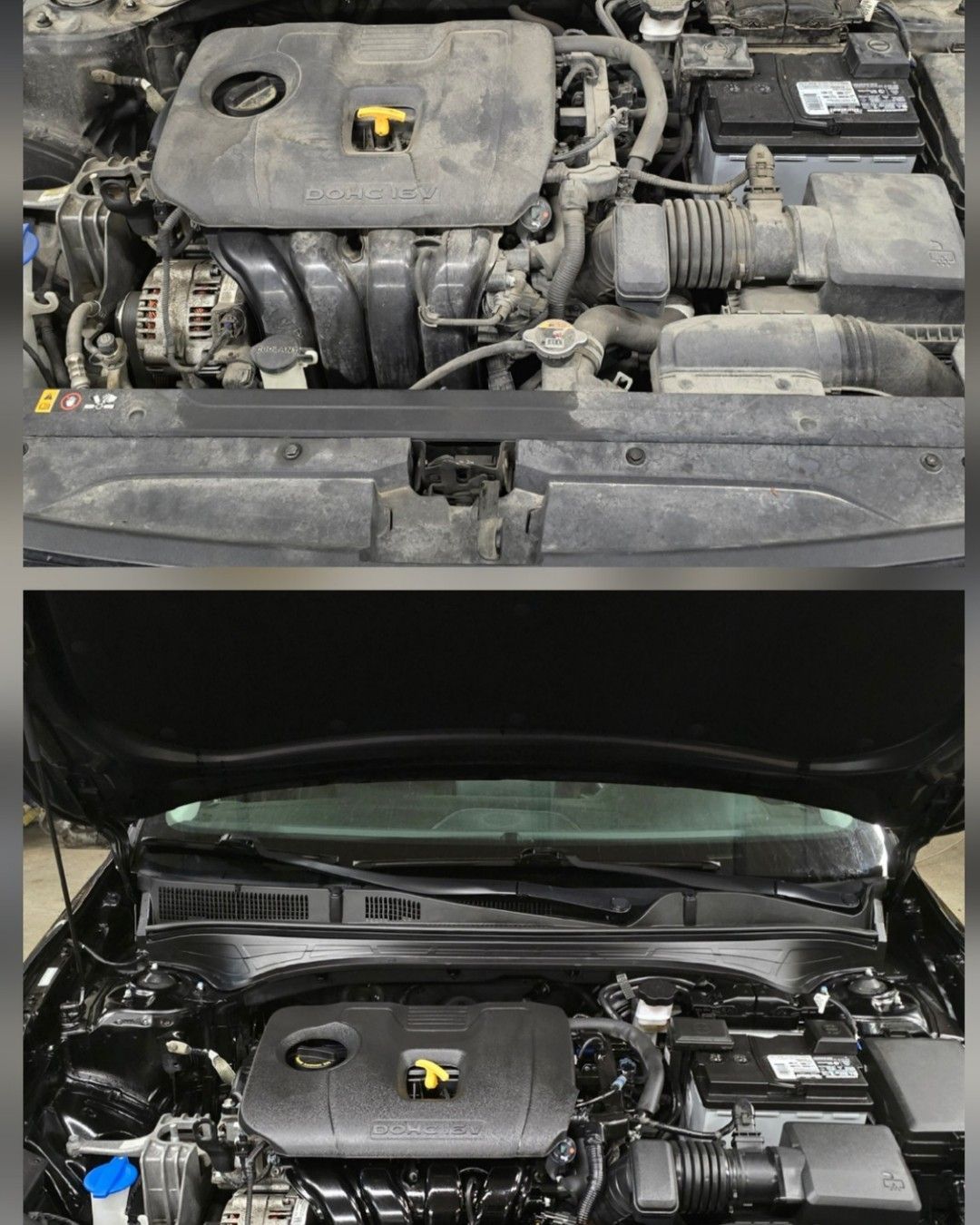 Top: Dirty car engine. Bottom: Cleaned car engine.