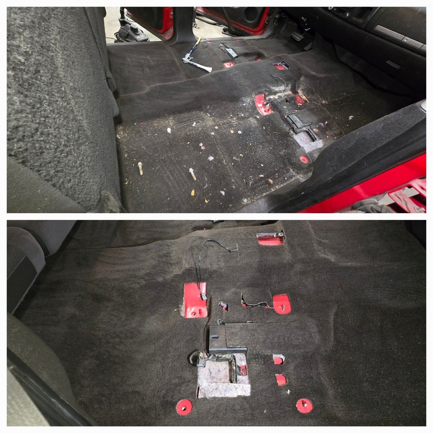 Car interior before and after cleaning: dirty carpet replaced with a cleaned, dark carpet.