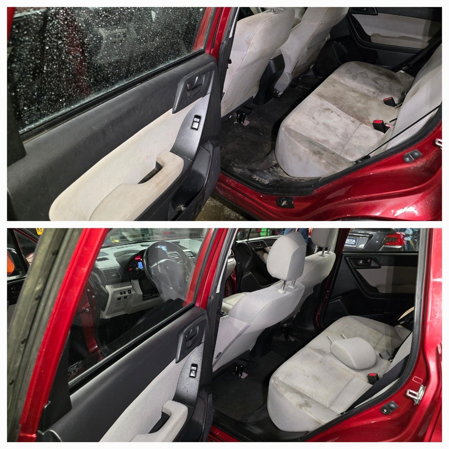 Before-and-after of car interior cleaning; red car, stained seats, dirty door panel, then cleaned and refreshed.