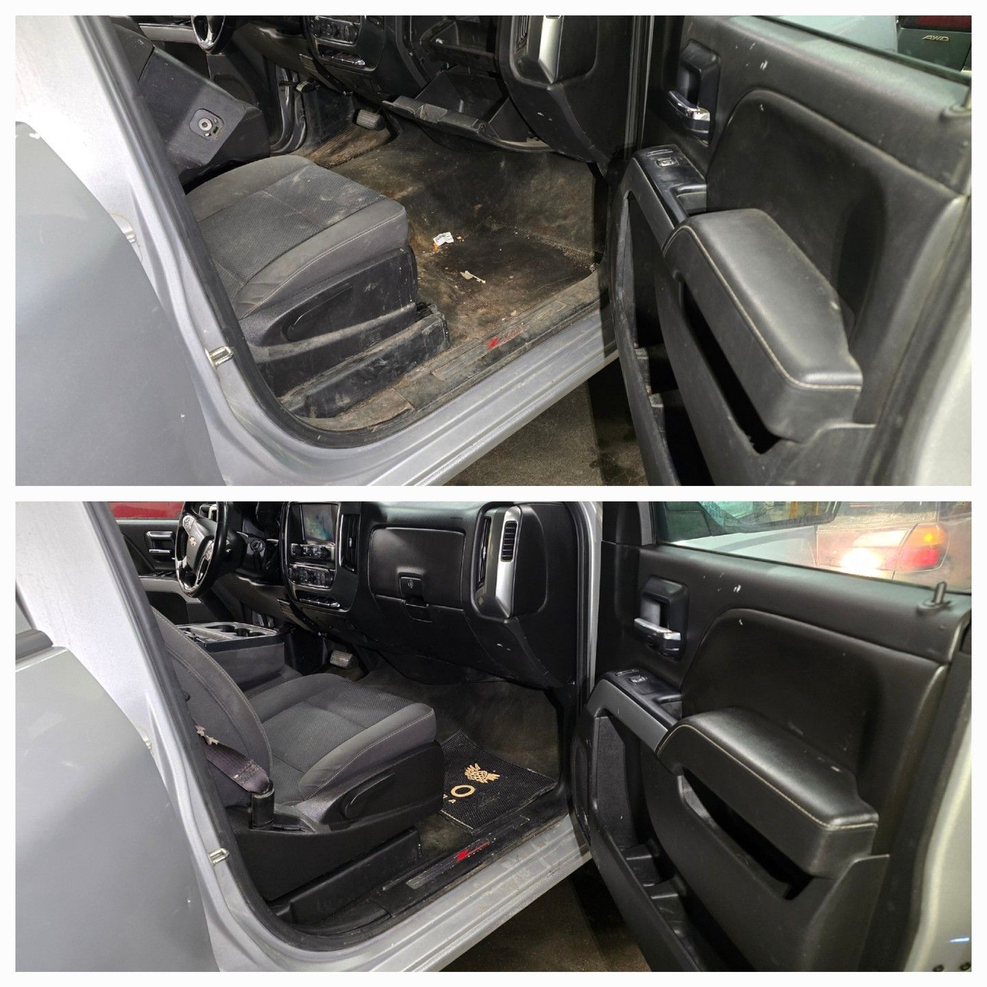 Before and after of truck interior cleaning. Dirty seat and floor transform to clean in the bottom image.