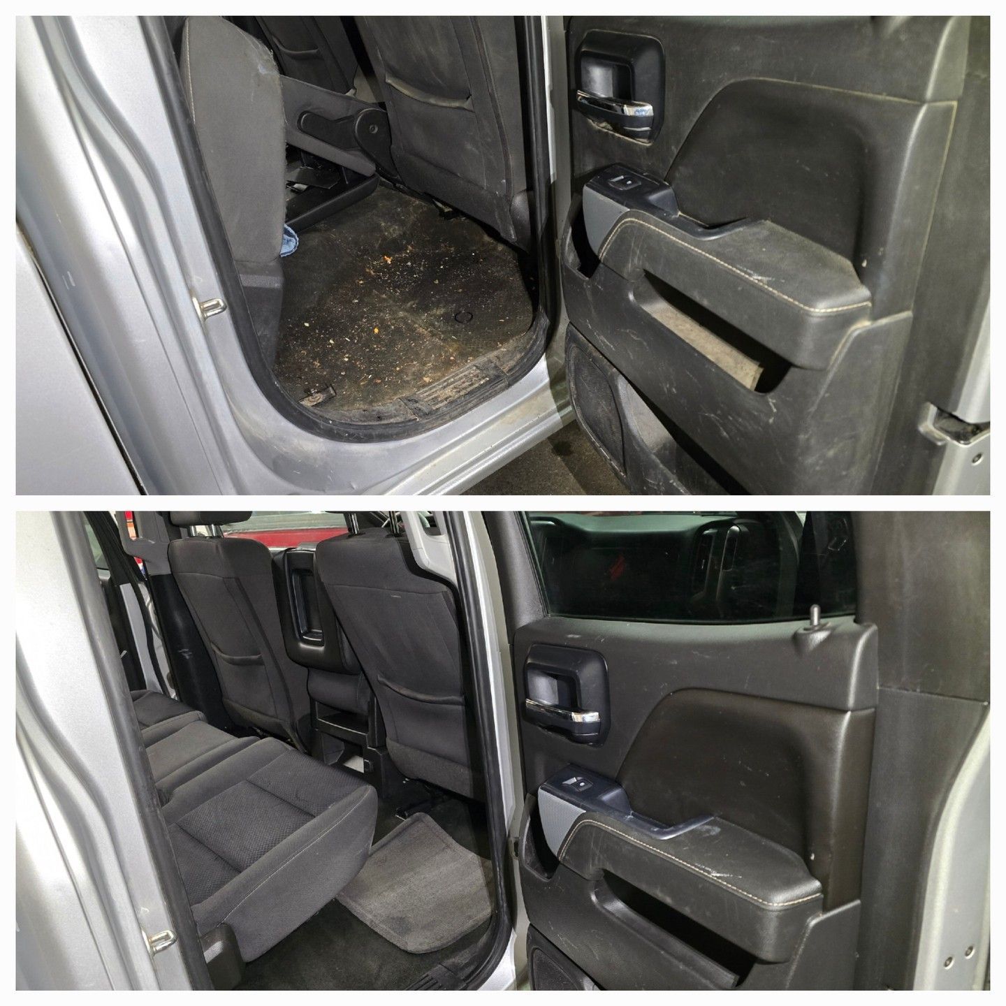 Before-and-after comparison: dirty truck interior vs. clean interior; showing seats, doors, and floor.