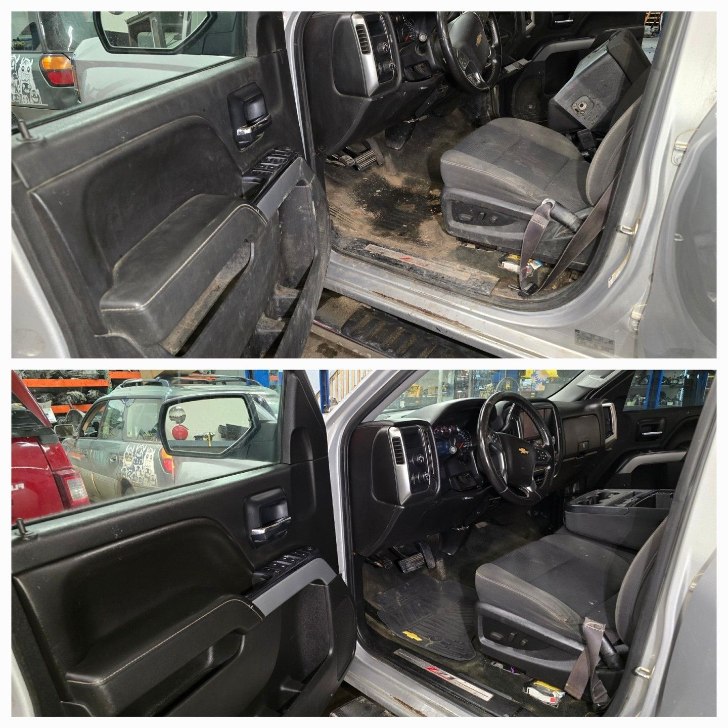 Before and after shots of a truck interior cleaning; dirty floor and seats become clean and tidy.