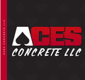 Logo for Aces Concrete LLC: white spade within "A", red "CES", white "CONCRETE LLC" on dark gray.