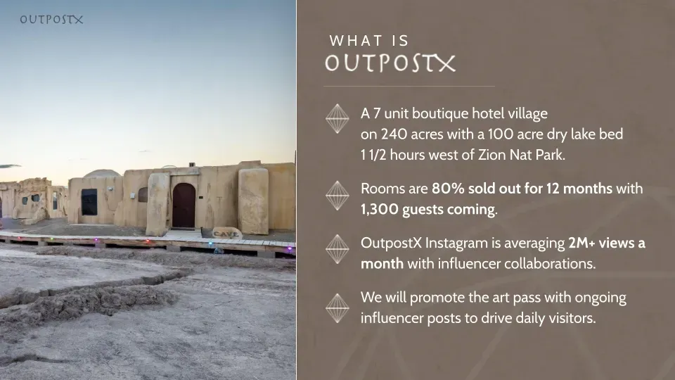 A poster explaining what is outpostx with a picture of a building