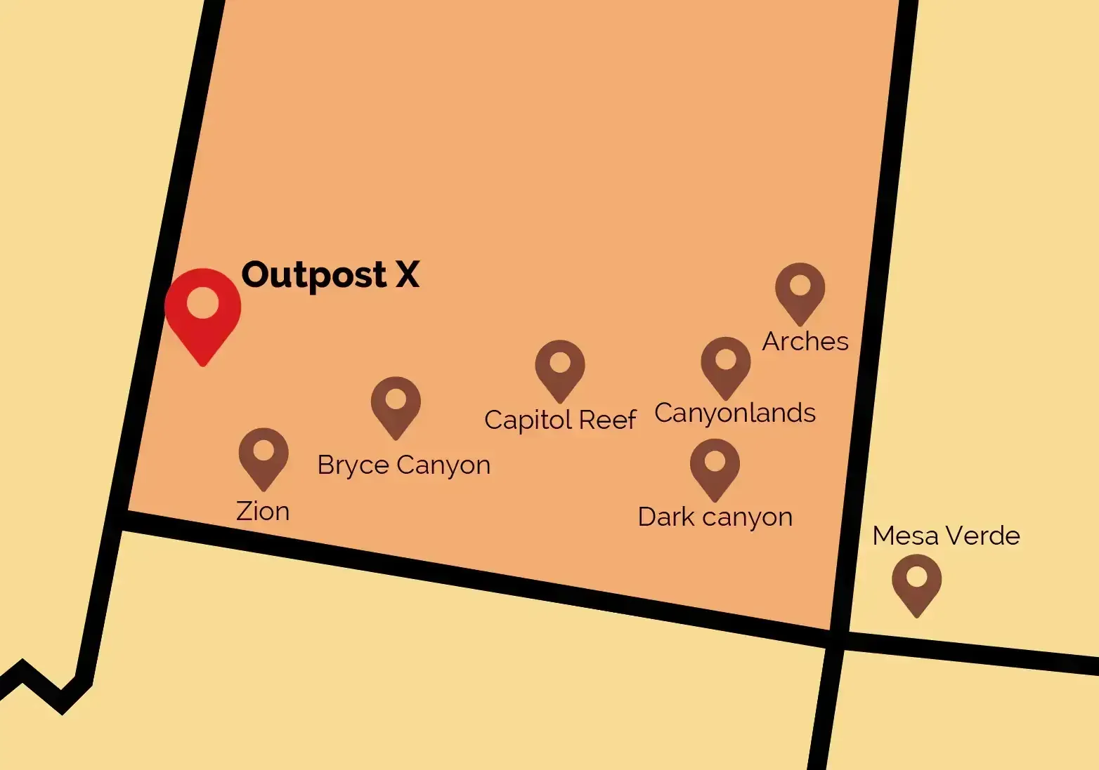A map showing the location of outpost x in the desert.
