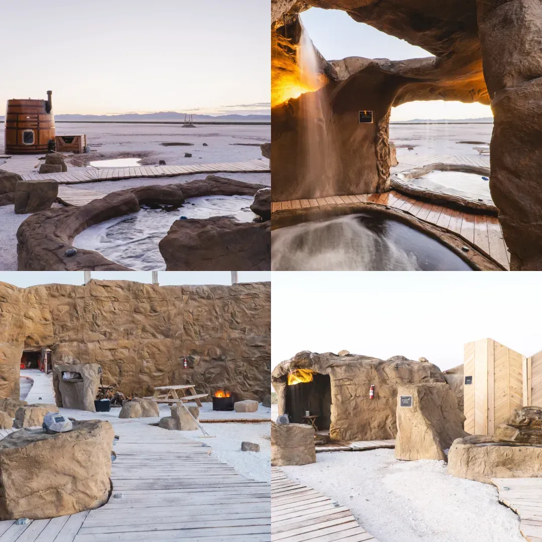 A collage of four pictures of a cave with a waterfall