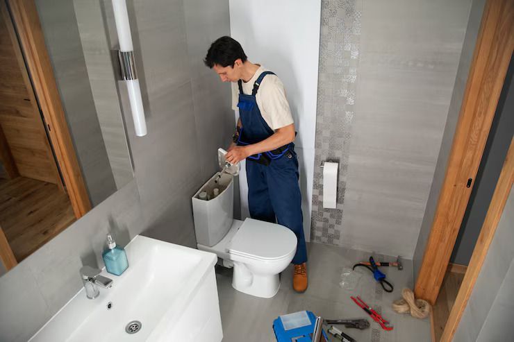 Plumber in Blue Overalls Repairing a Toilet in a Grey Tiled Bathroom — Vantage Plumbing and Drainage In Pacific Pines, QLD