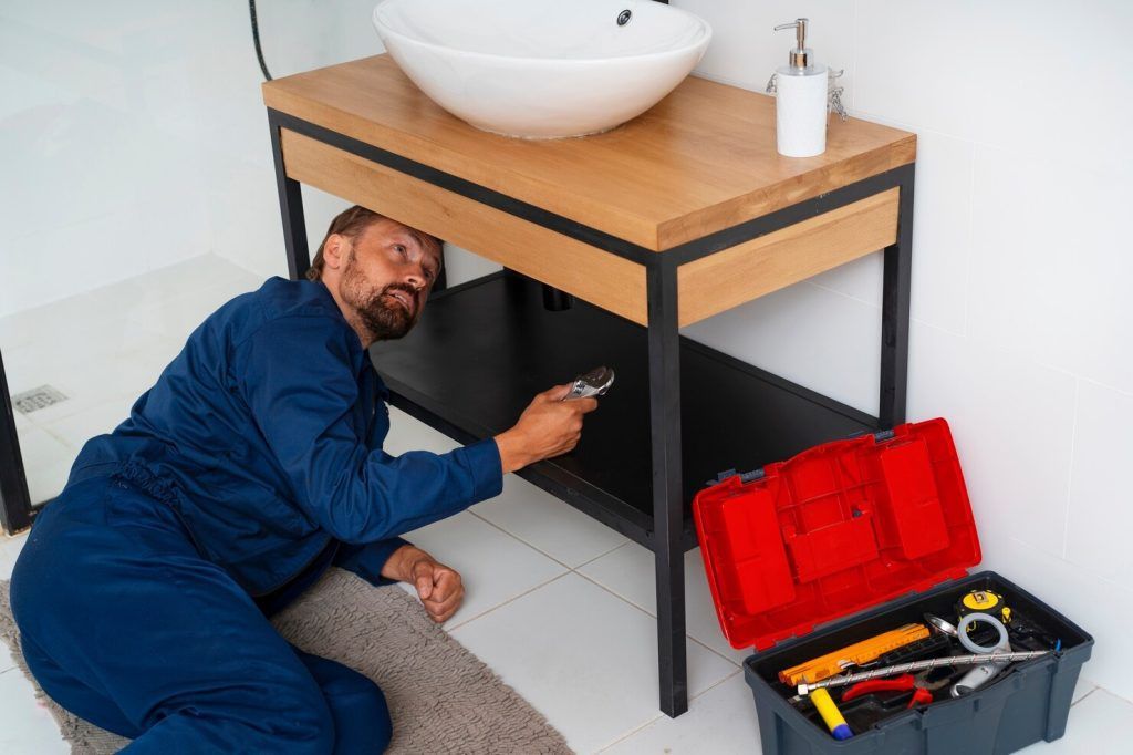 Plumber in Blue Coveralls Fixing Pipes Under a Bathroom Sink — Vantage Plumbing and Drainage In Pacific Pines, QLD