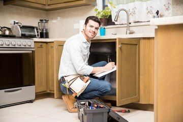 Plumber Kneeling Under Kitchen Sink, Smiling While Taking Notes — Vantage Plumbing and Drainage In Pacific Pines, QLD
