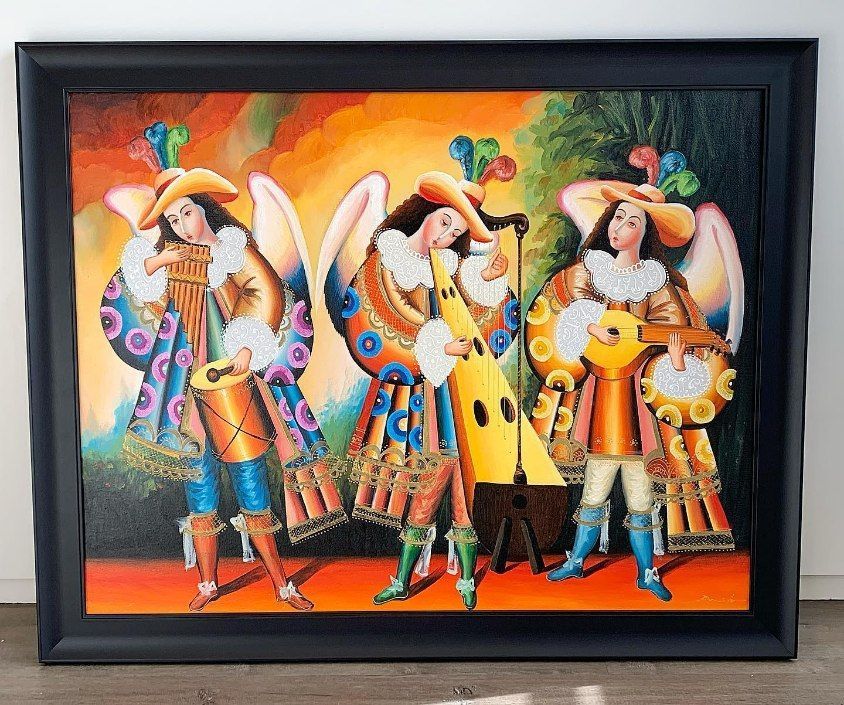 A Framed Painting of Three Angels Playing Musical Instruments — Framing Alternative in Erina Heights, NSW
